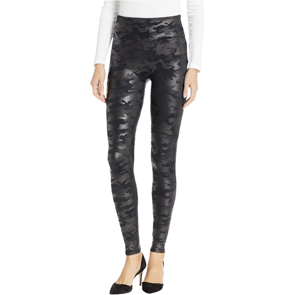 SPANX Black Camo Faux Leather Leggings - Tummy Control Waistband Compression! - Picture 2 of 4